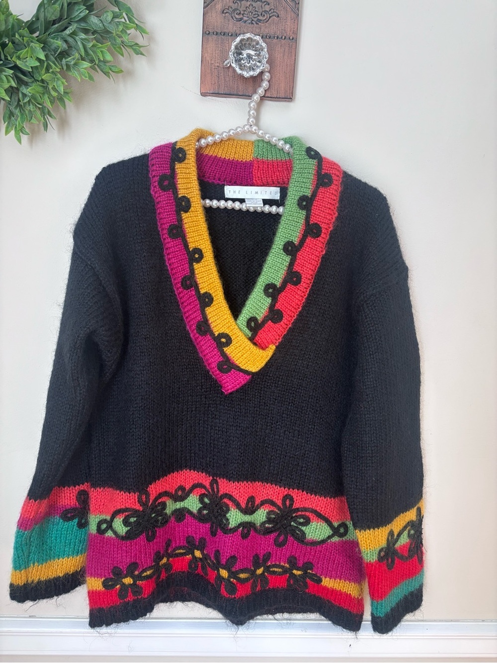 Vintage The Limited Size S Mohair Blend Colorful Sweater Bohemian Embroidered